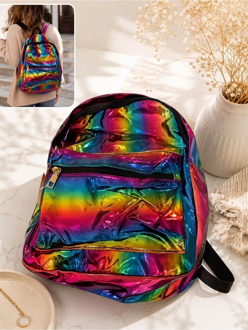 Jennifer K Holographic Rainbow fashion Metallic kids Backpack cute